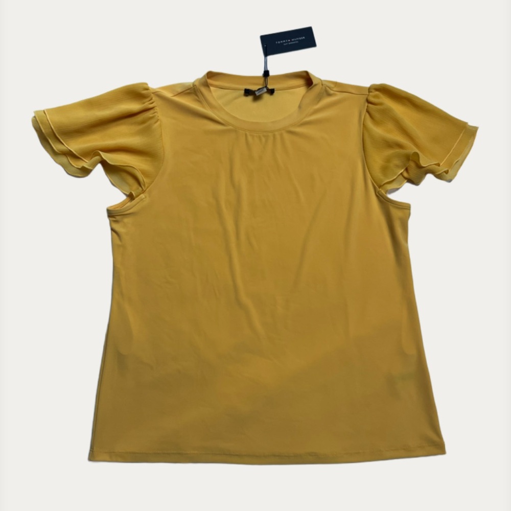 NWT Tommy Hilfiger Yellow Flutter Sleeve Blouse Top Size Large